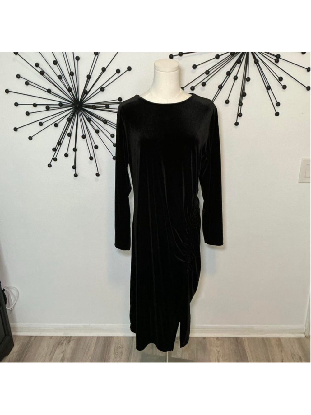 Old Navy Black Velvet Ruched Midi Dress XL Petite Long Sleeve